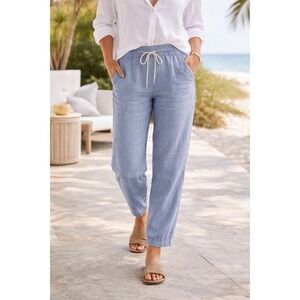 Athleta Cabo Linen Jogger Pants Blue Drawstring Elastic Waist Size 6